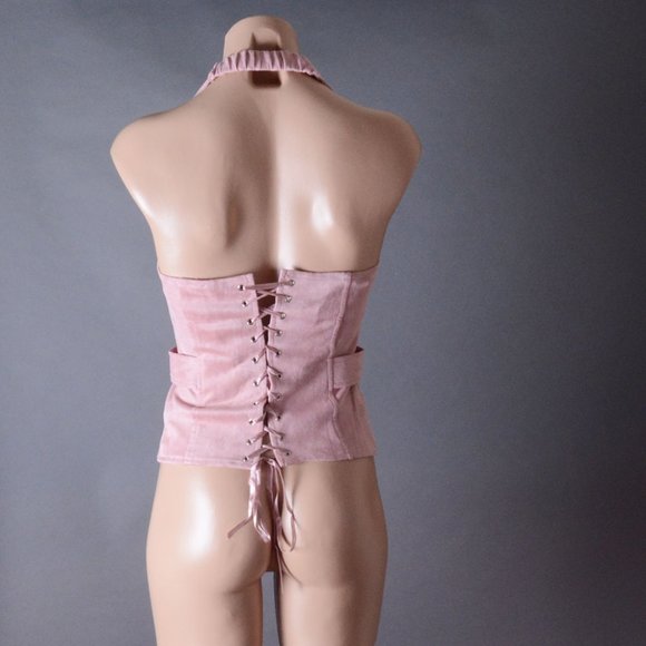 Pink Faux Suede Underbust Waistcoat Steampunk Vest Fitted Goth Womens Corset Top - Picture 4 of 7